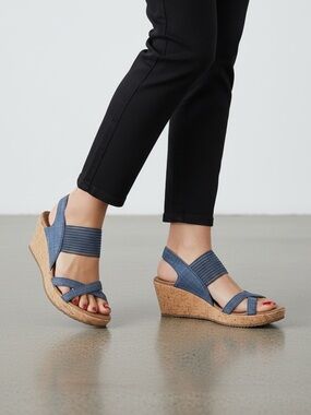 Skechers Beverlee High Tea Navy Wedge Sandals Size 9 Like New